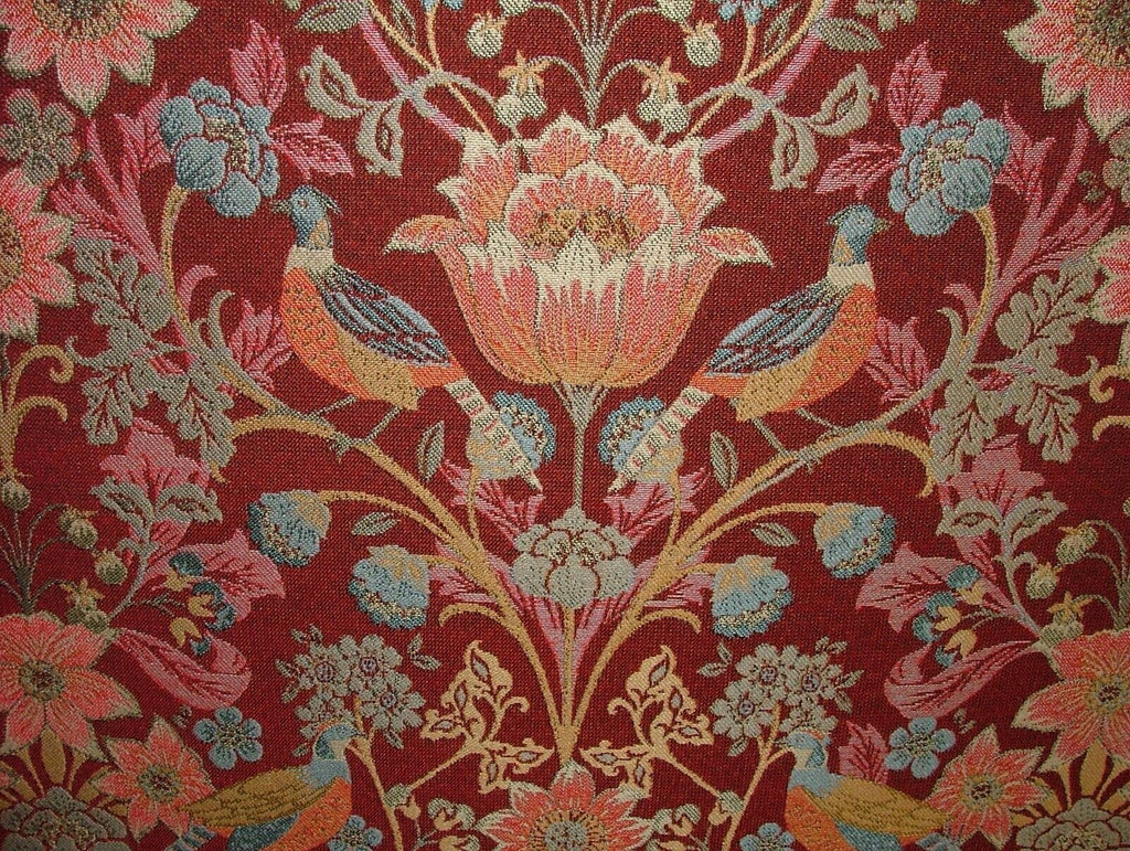 Morris Bird Rosso Jacquard Fabric Ideal For Curtain Upholstery Cushion Throws