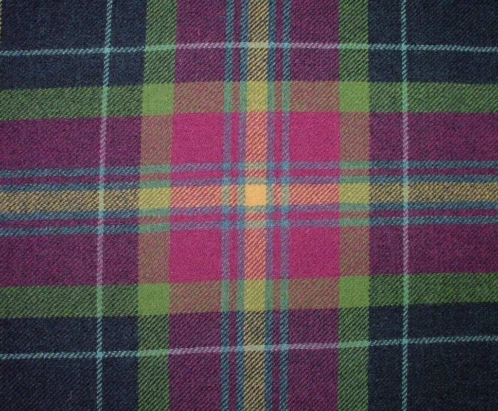 100% Shetland Wool Fuchsia Blue Tartan Check Upholstery Curtain Cushion Fabric