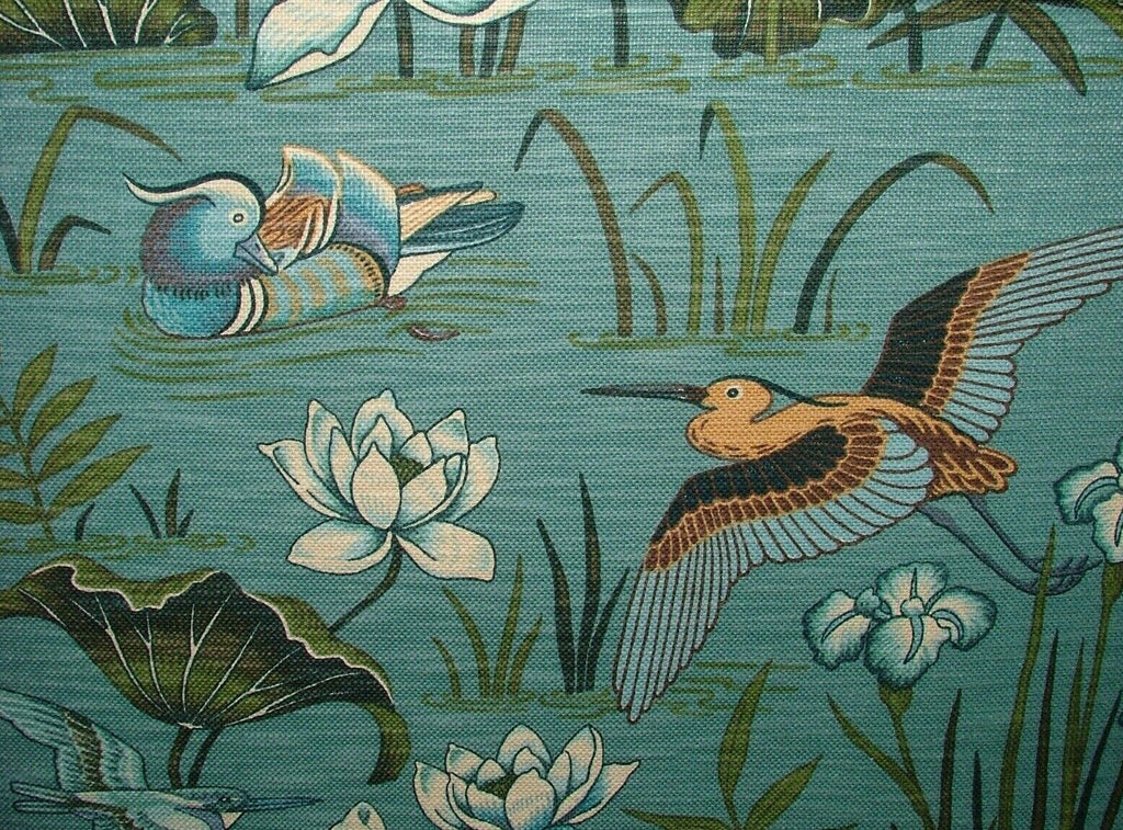 Japanese Water Lily And Birds Blue Linen Blend Curtain Upholstery Cushion Fabric