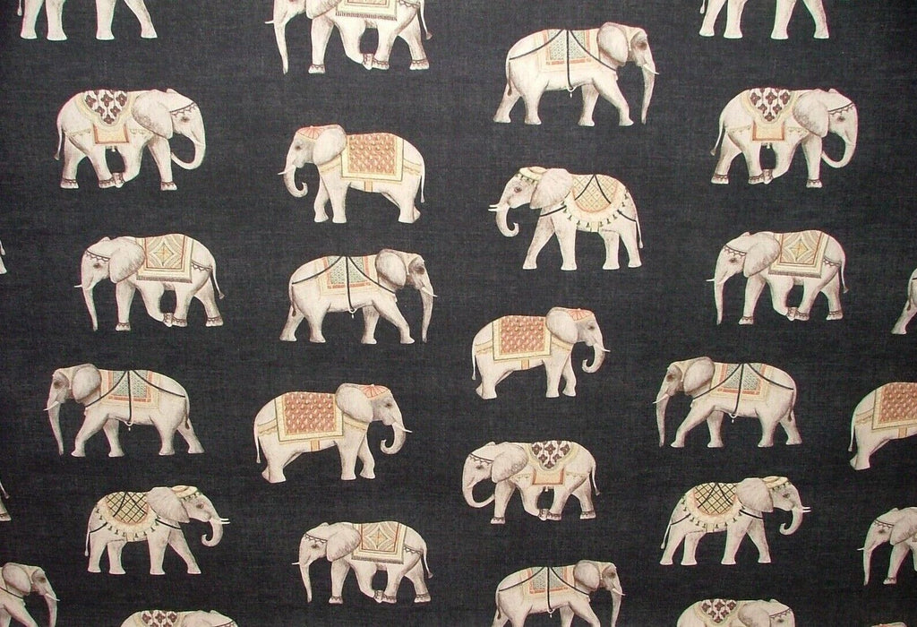 Jaipur Indian Elephant Noir Black Cotton Curtain Upholstery Cushion Blind Fabric