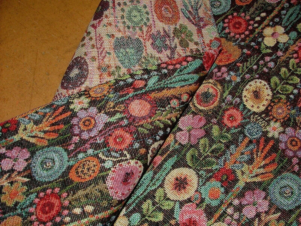 Cottage Garden Floral Black Tapestry Fabric Curtain Upholstery Cushion Throws