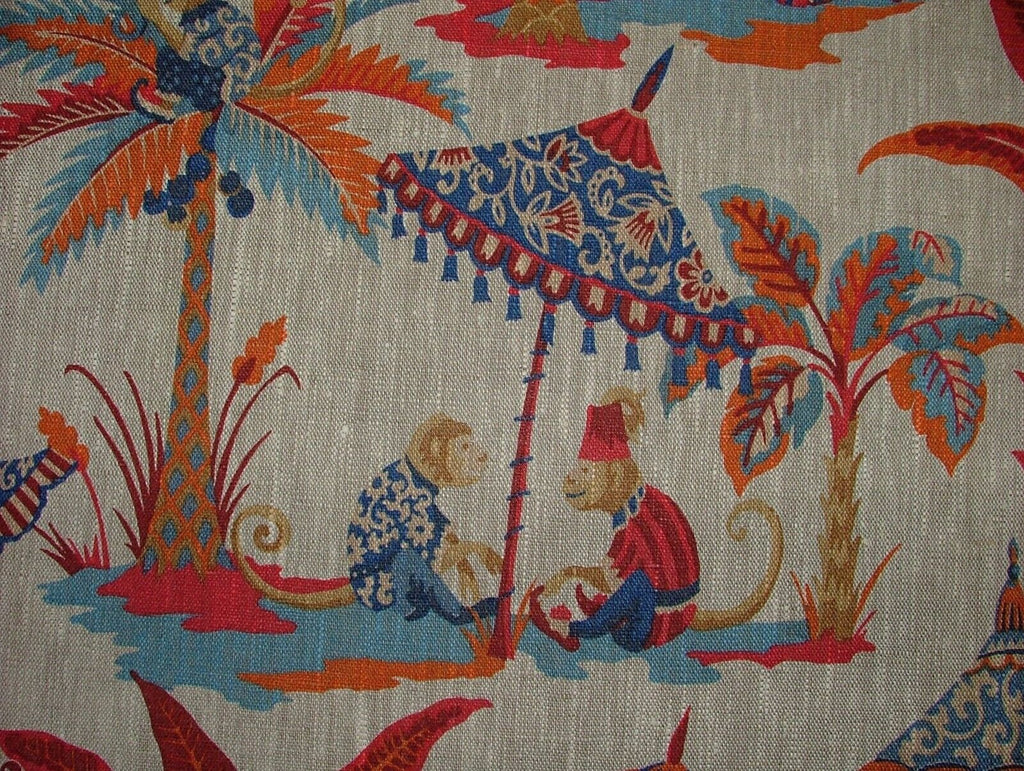 Monkey Parasol Rouge Red French 100% Linen Fabric Curtain Cushion Upholstery