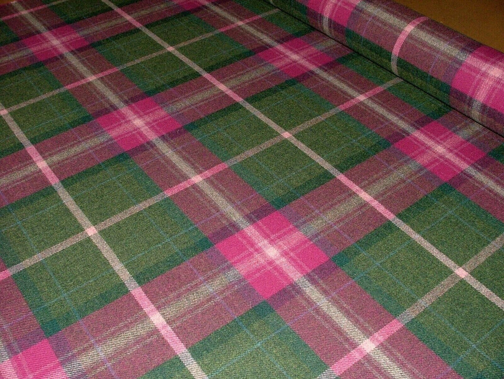 100% Shetland Wool Pink  & Spruce Tartan Check Upholstery Curtain Cushion Fabric