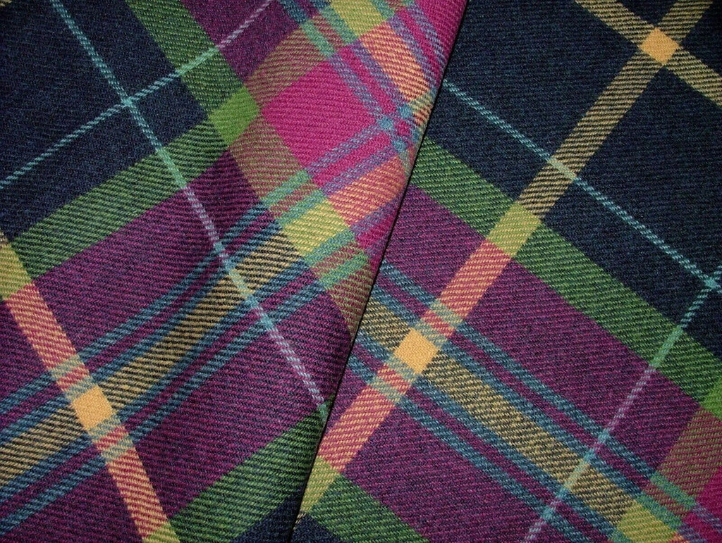 100% Shetland Wool Fuchsia Blue Tartan Check Upholstery Curtain Cushion Fabric