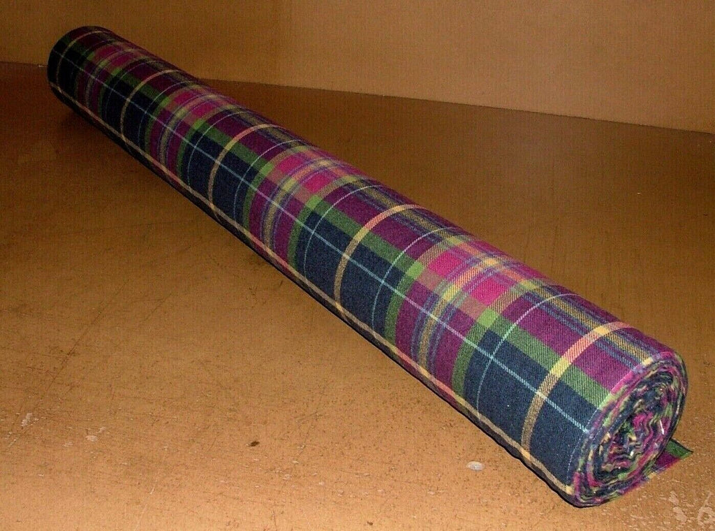 100% Shetland Wool Fuchsia Blue Tartan Check Upholstery Curtain Cushion Fabric