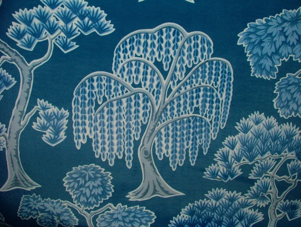 Japanese Japonica Oriental Tree Blue Velvet Fabric Curtain Upholstery Cushion