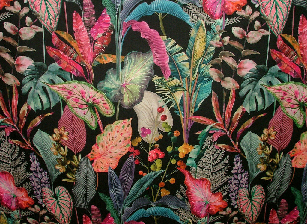 Black Tropical Palms Plants Botanical Velvet Fabric Curtain Upholstery Cushion