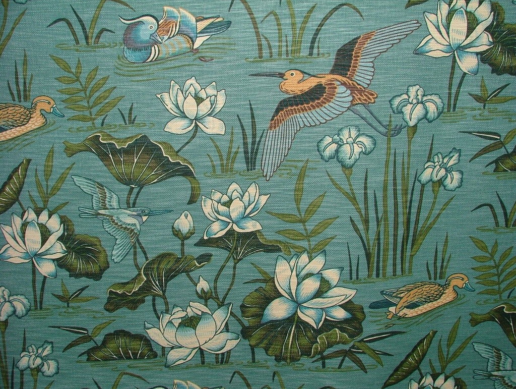 Japanese Water Lily And Birds Blue Linen Blend Curtain Upholstery Cushion Fabric