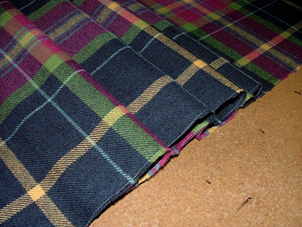 100% Shetland Wool Fuchsia Blue Tartan Check Upholstery Curtain Cushion Fabric