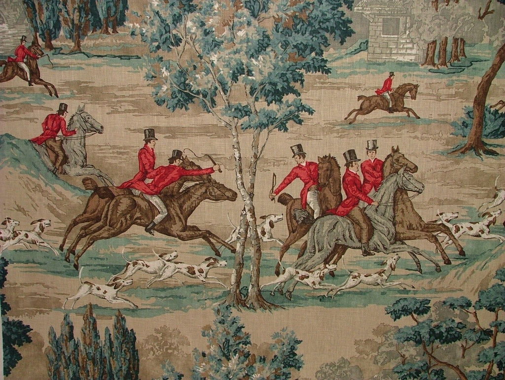 Sanderson Tally Ho Teal Ruby Hunting Horse Linen Fabric Curtain Upholstery Use