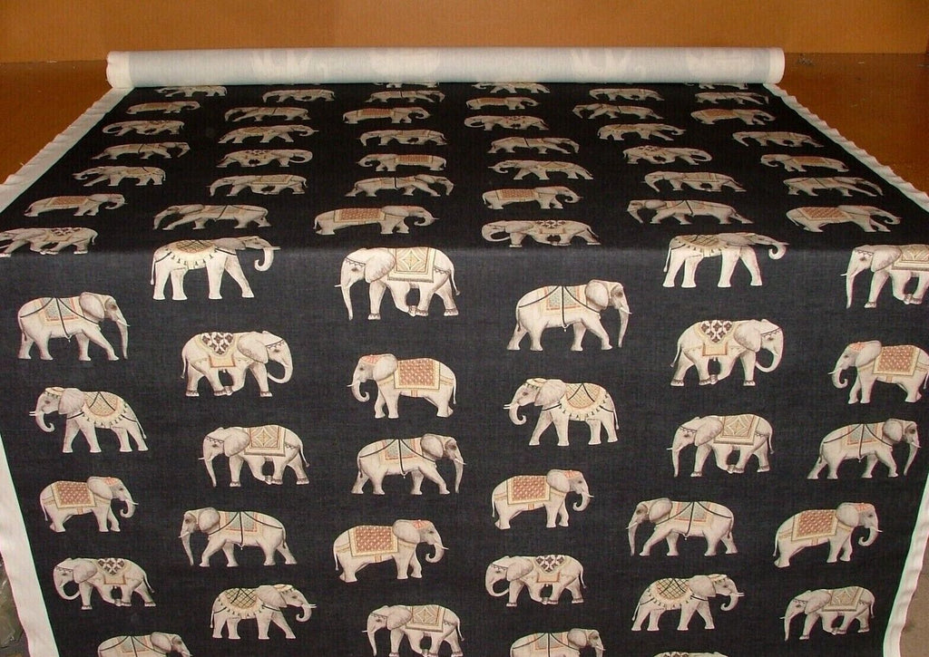 Jaipur Indian Elephant Noir Black Cotton Curtain Upholstery Cushion Blind Fabric