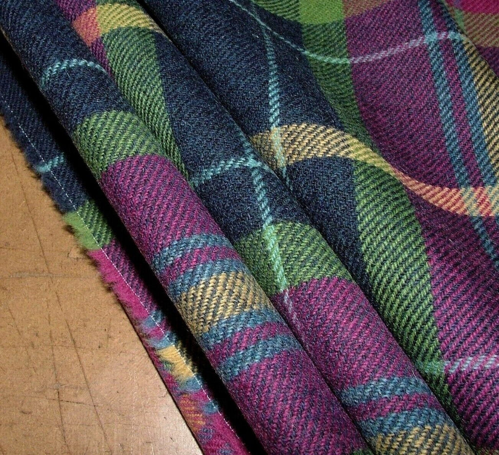 100% Shetland Wool Fuchsia Blue Tartan Check Upholstery Curtain Cushion Fabric