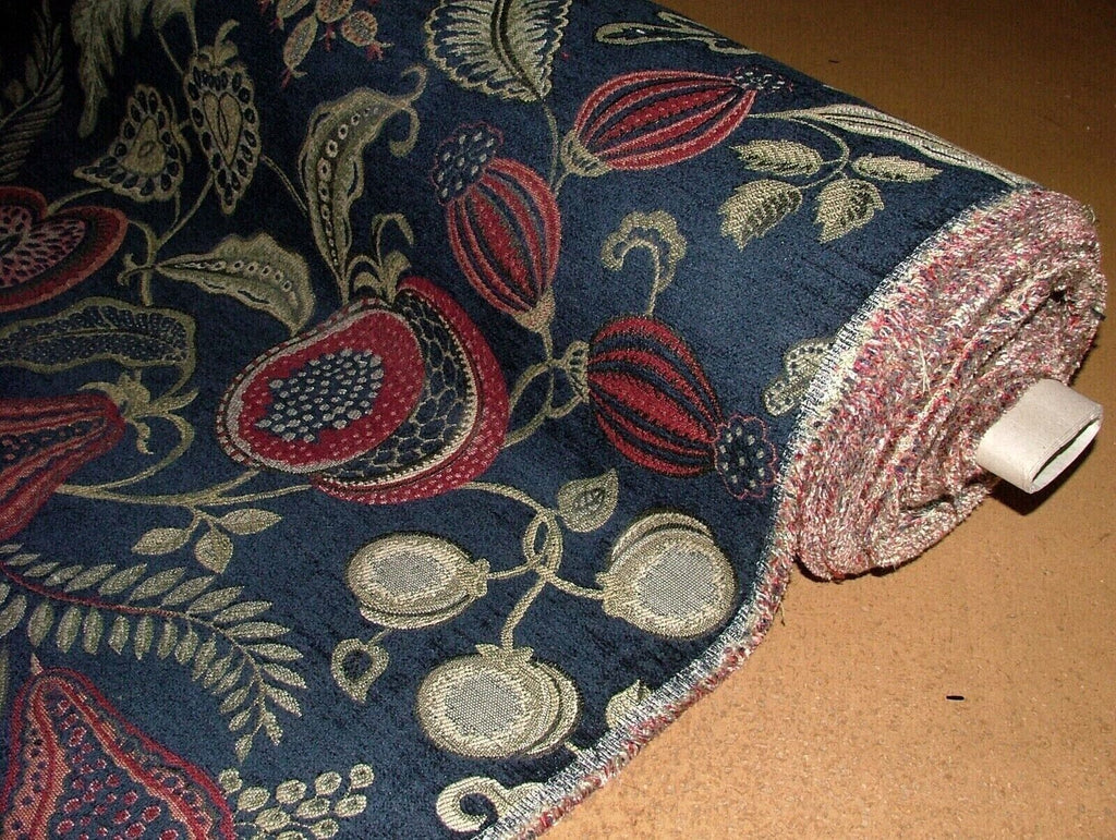 7 Metres Arts And Crafts Summer Fruits Blue Chenille Fabric Curtain Upholstery