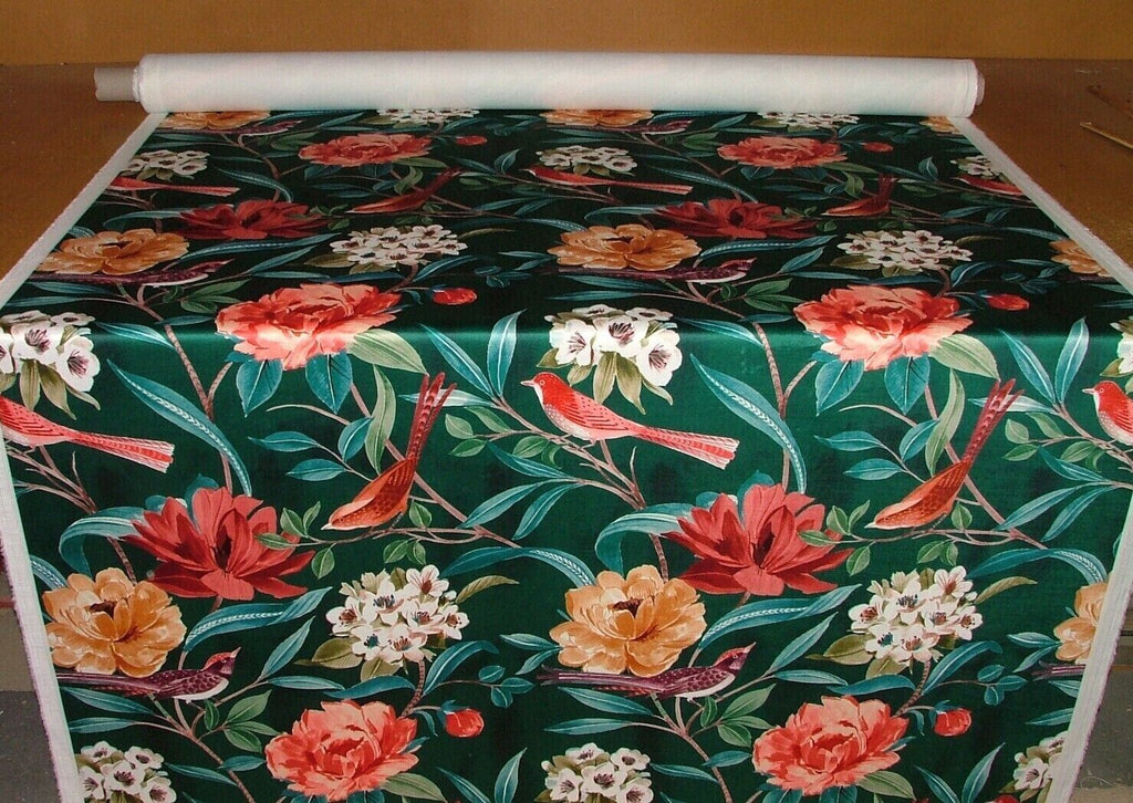 Shangri La Jade Floral Exotic Bird Velvet Fabric Curtain Upholstery Cushion