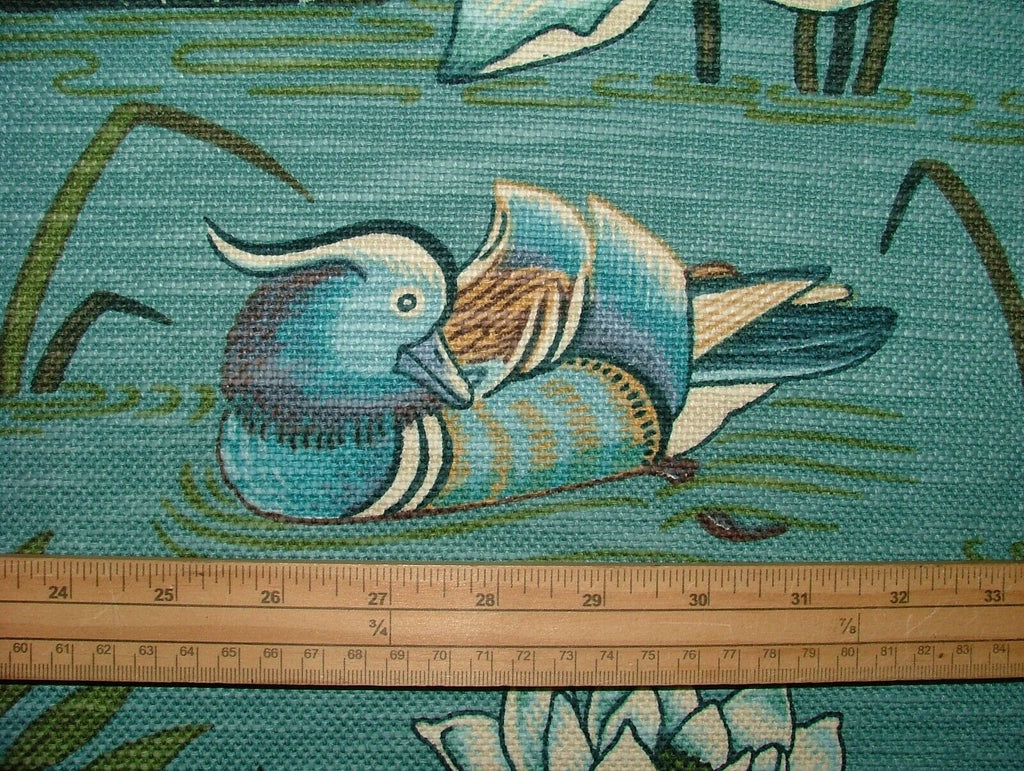 Japanese Water Lily And Birds Blue Linen Blend Curtain Upholstery Cushion Fabric