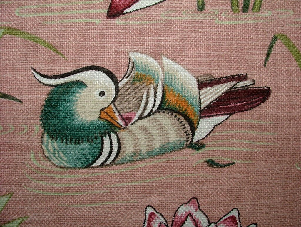 Japanese Water Lily And Birds Pink Linen Blend Curtain Upholstery Cushion Fabric