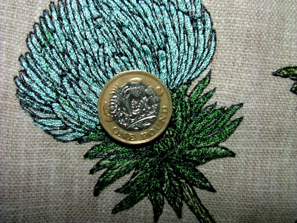 2.5 Metre Embroidered Scottish Thistle Carmine Fabric Curtain Upholstery Cushion