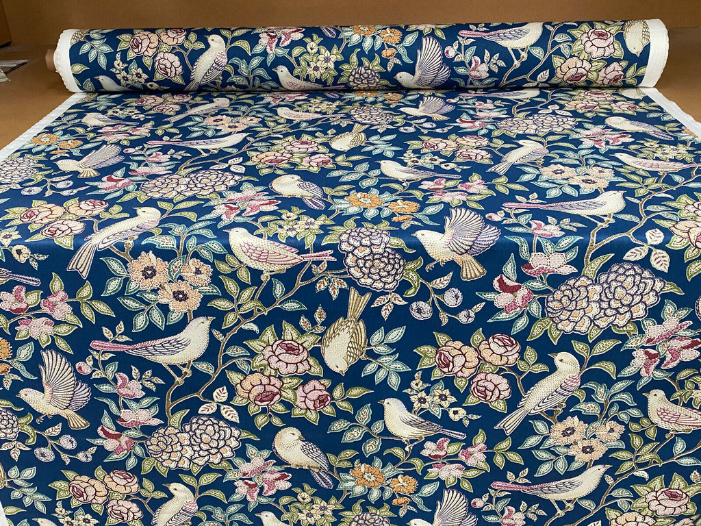 10 Metres Morris Bird Floral Blue Curtain Upholstery Roman Blind Quilting Fabric