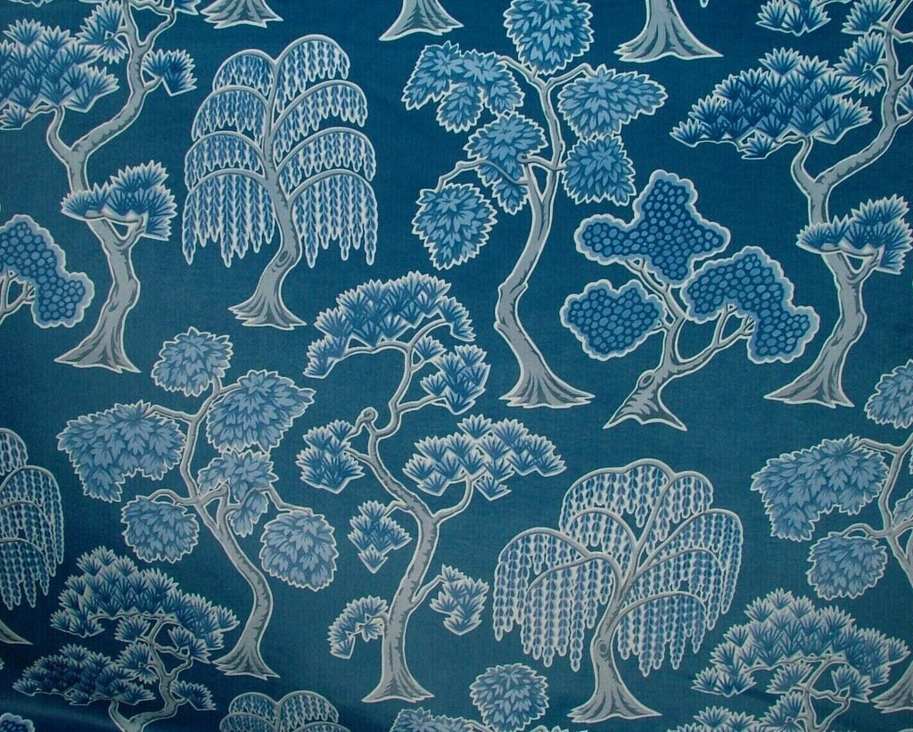 Japanese Japonica Oriental Tree Blue Velvet Fabric Curtain Upholstery Cushion