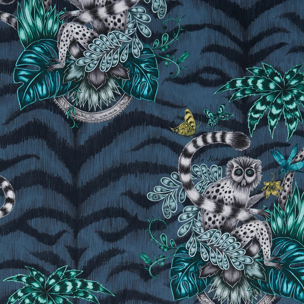 Emma J Shipley Fabric Lemur Navy 100% Cotton Curtain Upholstery Cushion  Fabric