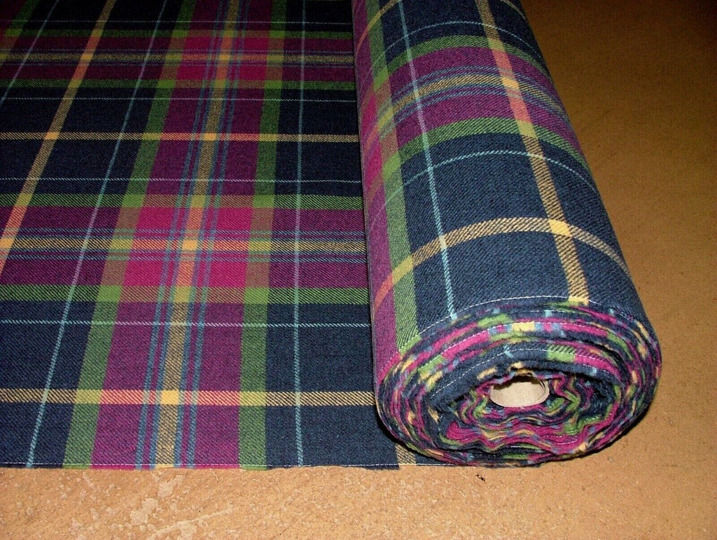 100% Shetland Wool Fuchsia Blue Tartan Check Upholstery Curtain Cushion Fabric