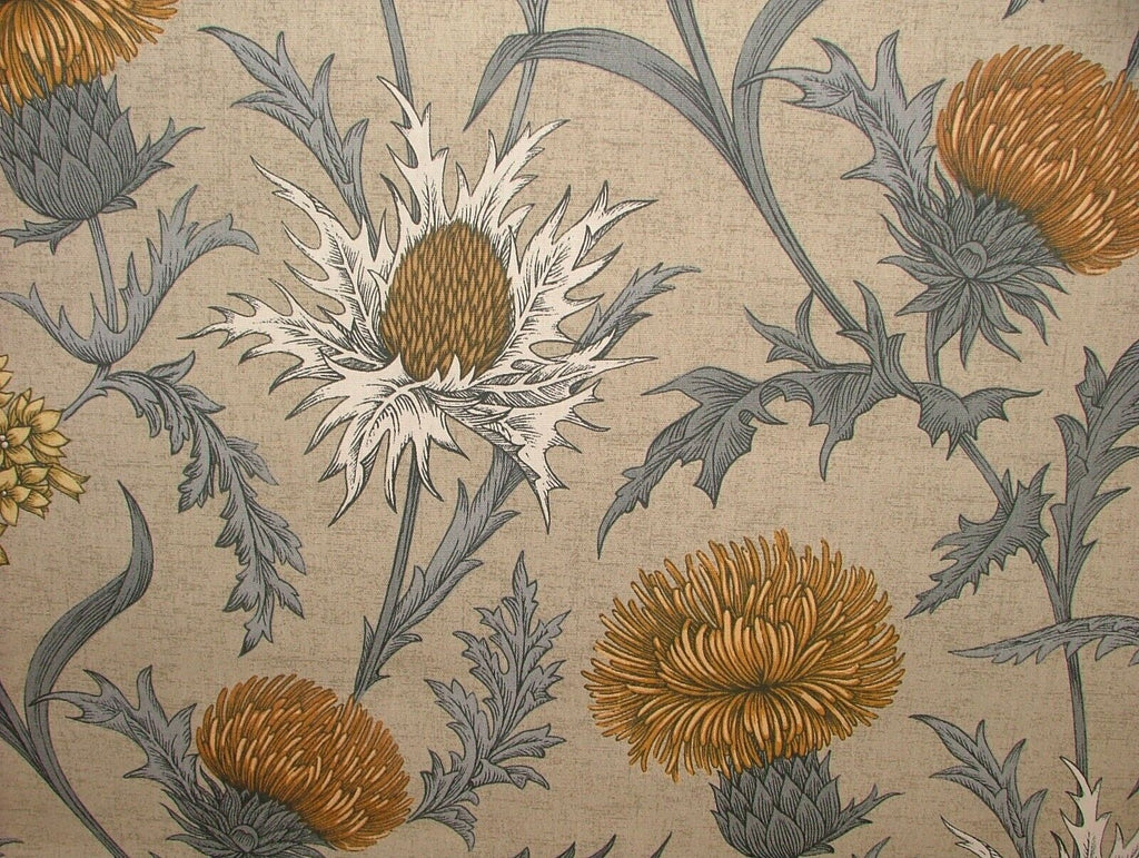 Scottish Thistle Ochre Cotton Curtain Upholstery Cushion Roman Blind Fabric