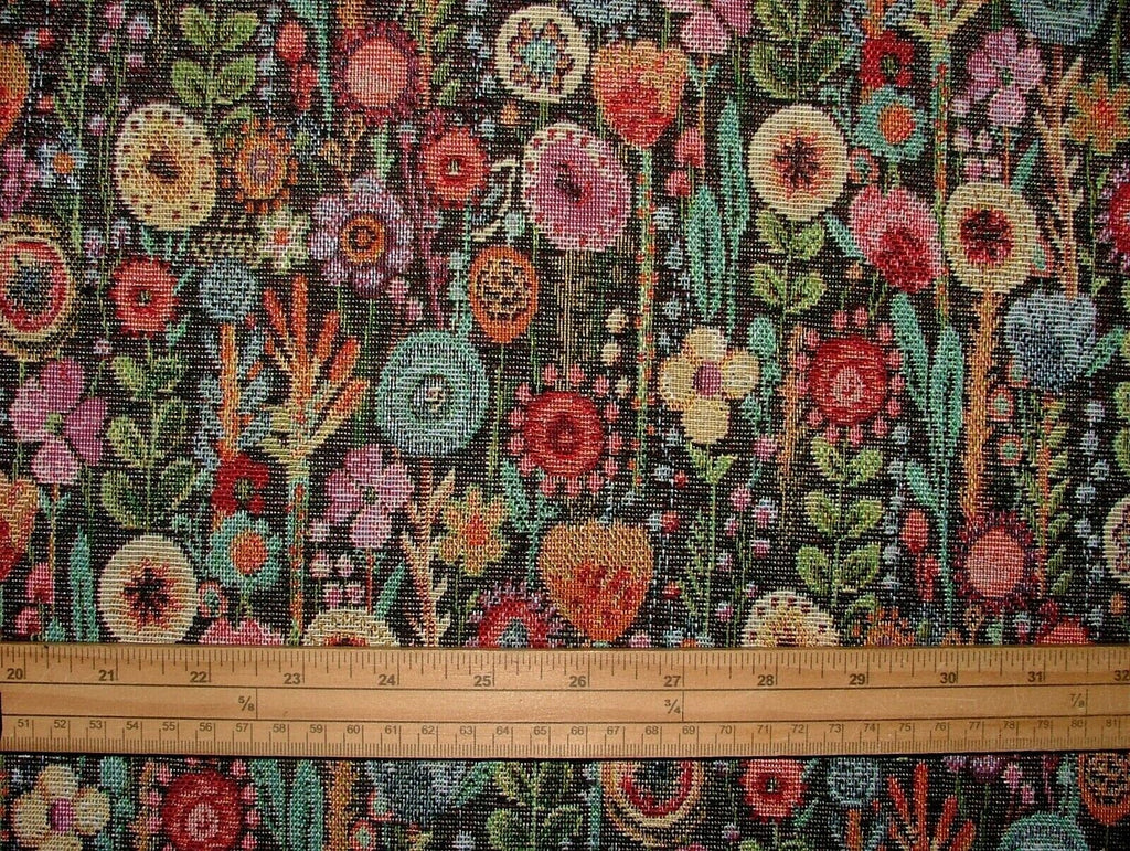 Cottage Garden Floral Black Tapestry Fabric Curtain Upholstery Cushion Throws