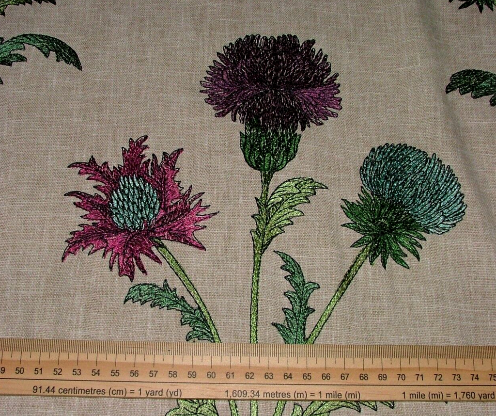 2.5 Metre Embroidered Scottish Thistle Carmine Fabric Curtain Upholstery Cushion