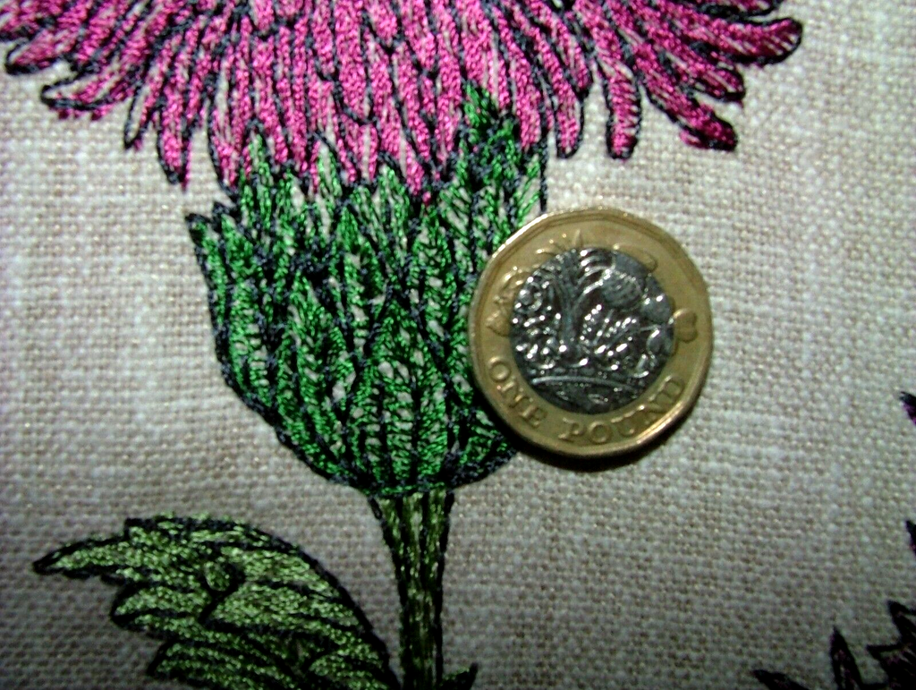 2.5 Metre Embroidered Scottish Thistle Carmine Fabric Curtain Upholstery Cushion