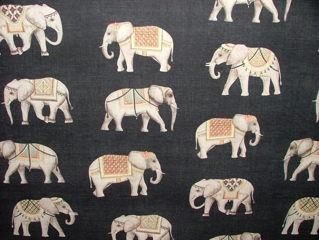 Jaipur Indian Elephant Noir Black Cotton Curtain Upholstery Cushion Blind Fabric