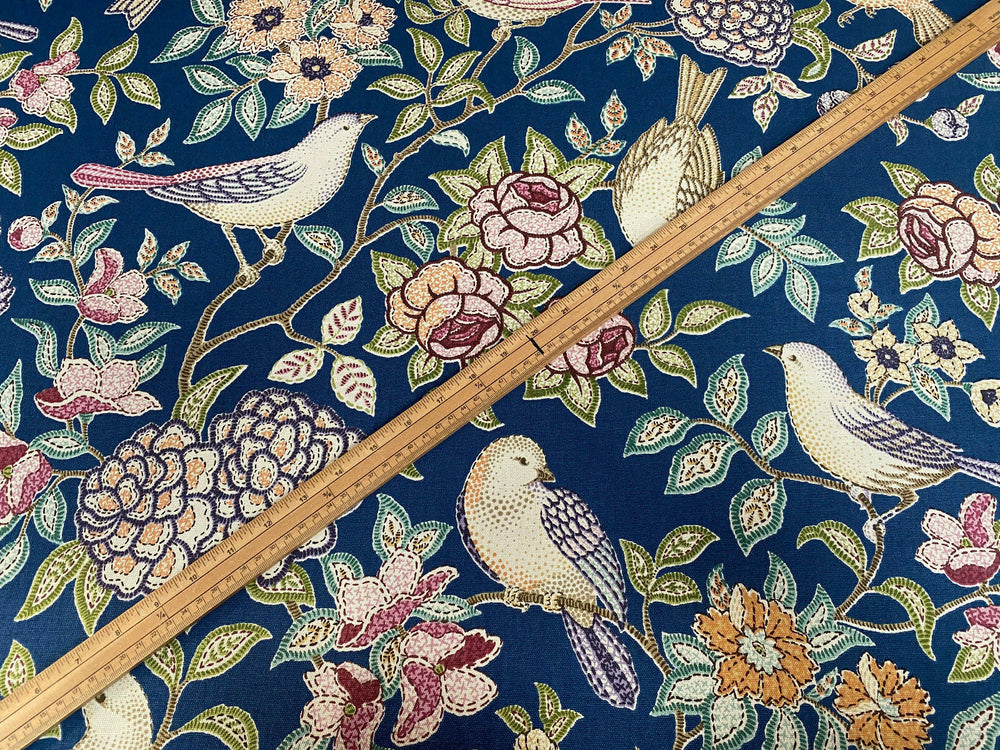 10 Metres Morris Bird Floral Blue Curtain Upholstery Roman Blind Quilting Fabric