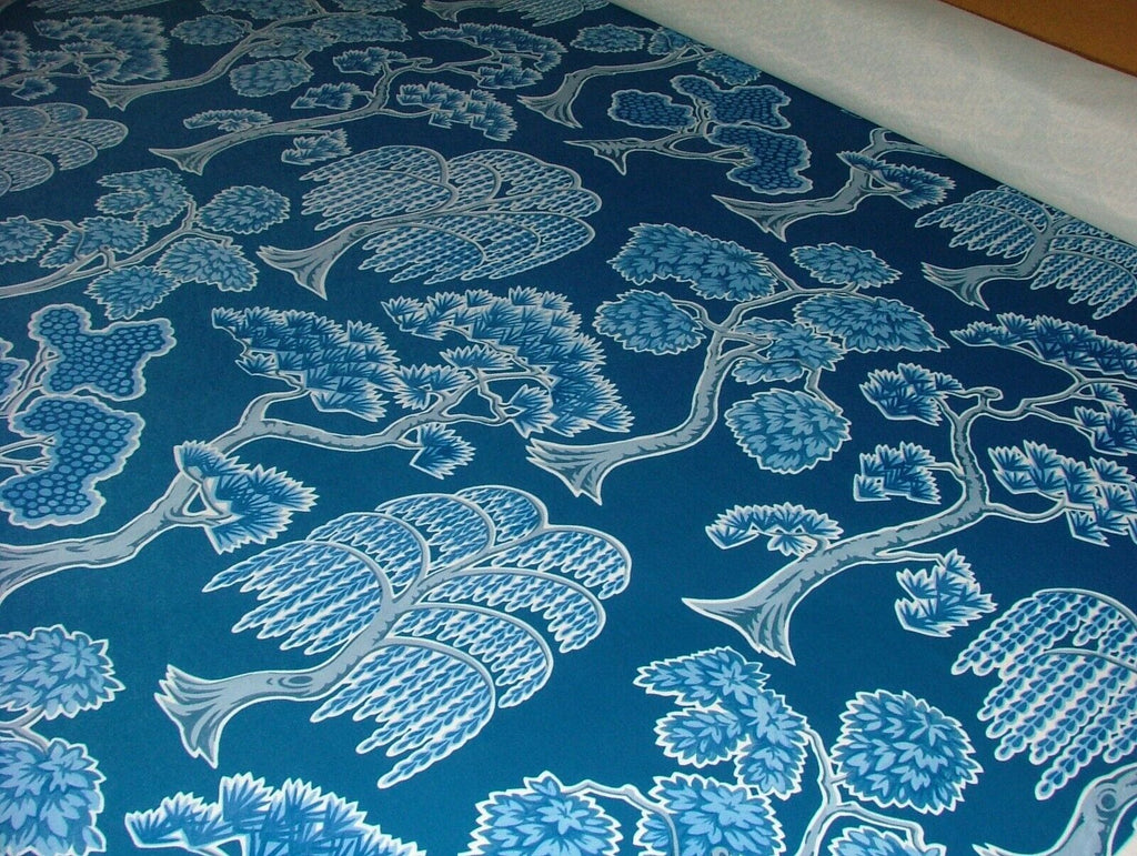 Japanese Japonica Oriental Tree Blue Velvet Fabric Curtain Upholstery Cushion