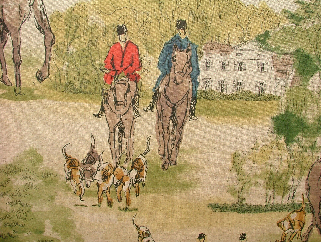 Horse And Hounds Hunting Linen Cotton Fabric Curtain Upholstery Cushion Blinds