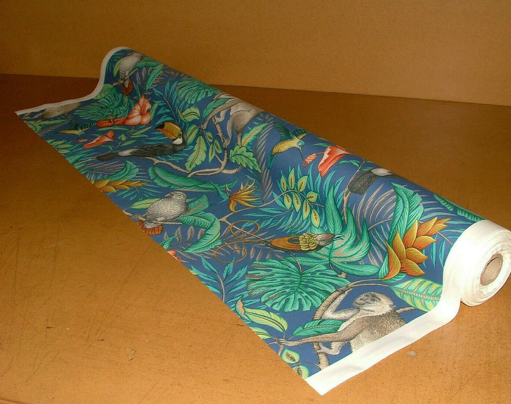 Marine Blue Tropical Birds Monkey Cotton Fabric Curtain Upholstery Blind Cushion