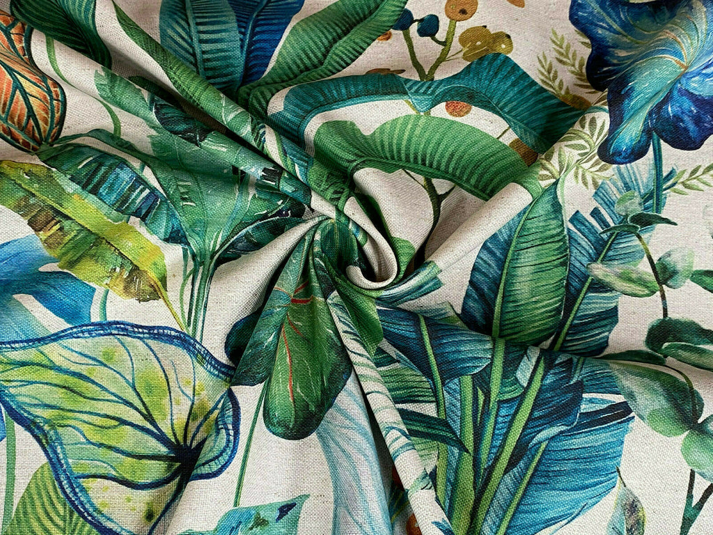 Sapphire Tropical Palm Plants Botanical Linen Fabric Curtain Upholstery Cushion