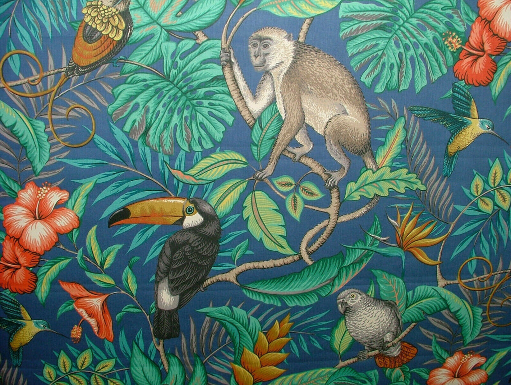 Marine Blue Tropical Birds Monkey Cotton Fabric Curtain Upholstery Blind Cushion
