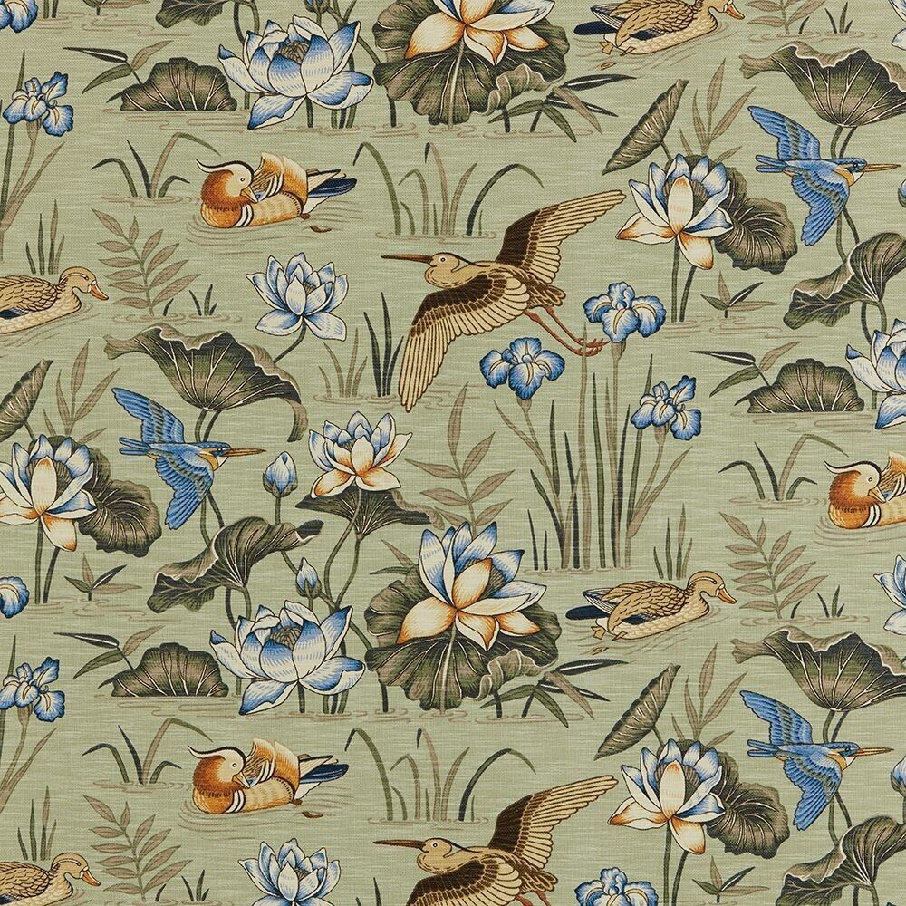 3m Japanese Water Lily & Birds Linen Blend Curtain Upholstery Cushion Fabric