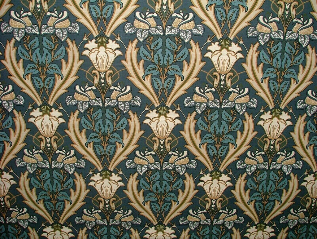 Art Nouveau Acanthus Navy Blue Cotton Curtain Upholstery Cushion Blind Fabric