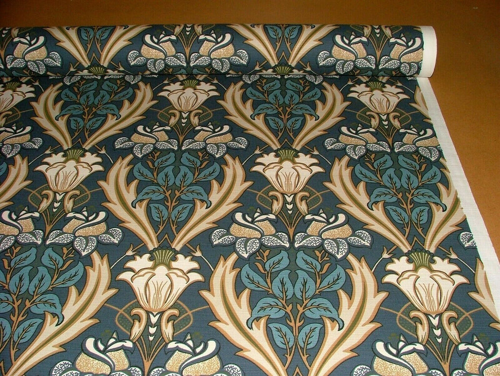 10 Metres Art Nouveau Acanthus Navy Blue Cotton Curtain Upholstery Blind Fabric