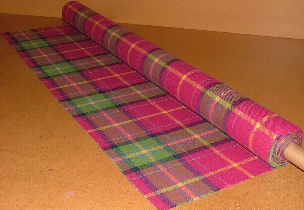 100% Shetland Wool Pink And Lime Tartan Check Upholstery Curtain Cushion Fabric