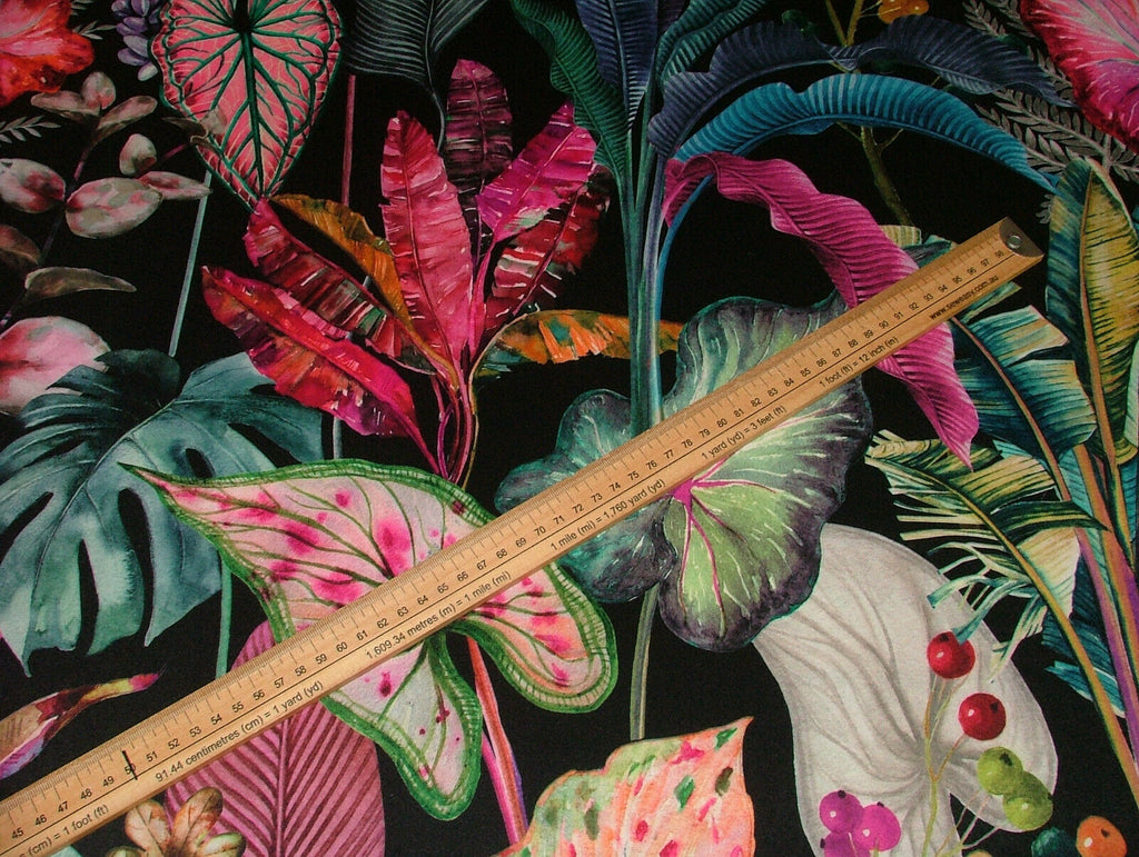 Black Tropical Palms Plants Botanical Velvet Fabric Curtain Upholstery Cushion