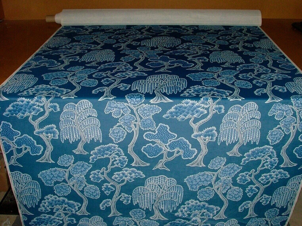 Japanese Japonica Oriental Tree Blue Velvet Fabric Curtain Upholstery Cushion