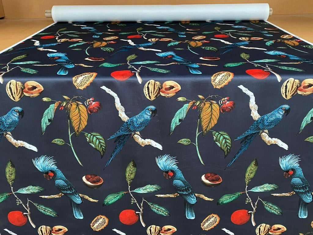 Cockatoo Ink Blue Plush Velvet Parrot Bird Fabric Curtain Upholstery Cushion
