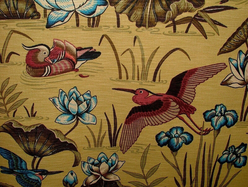 2.1m Japanese Water Lily & Birds Linen Blend Curtain Upholstery Cushion Fabric