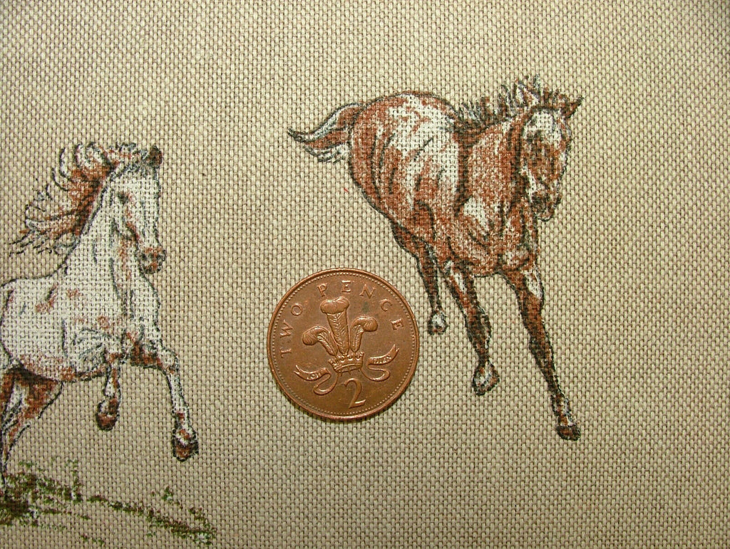 Mini Prints Horses Country Side Animals Linen Look Fabric Curtain Upholstery