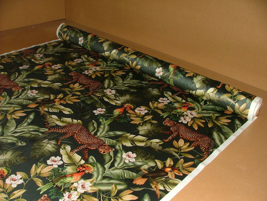 Leopard Botanical Tropical Jungle Green Velvet Curtain Upholstery Cushion Fabric