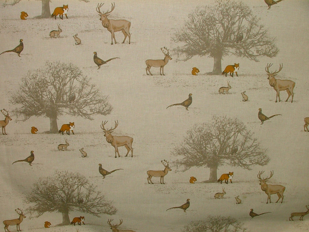 Fryetts "Tatton Autumn" Woodland Fox Stag Deer Scene Cotton Curtain Fabric