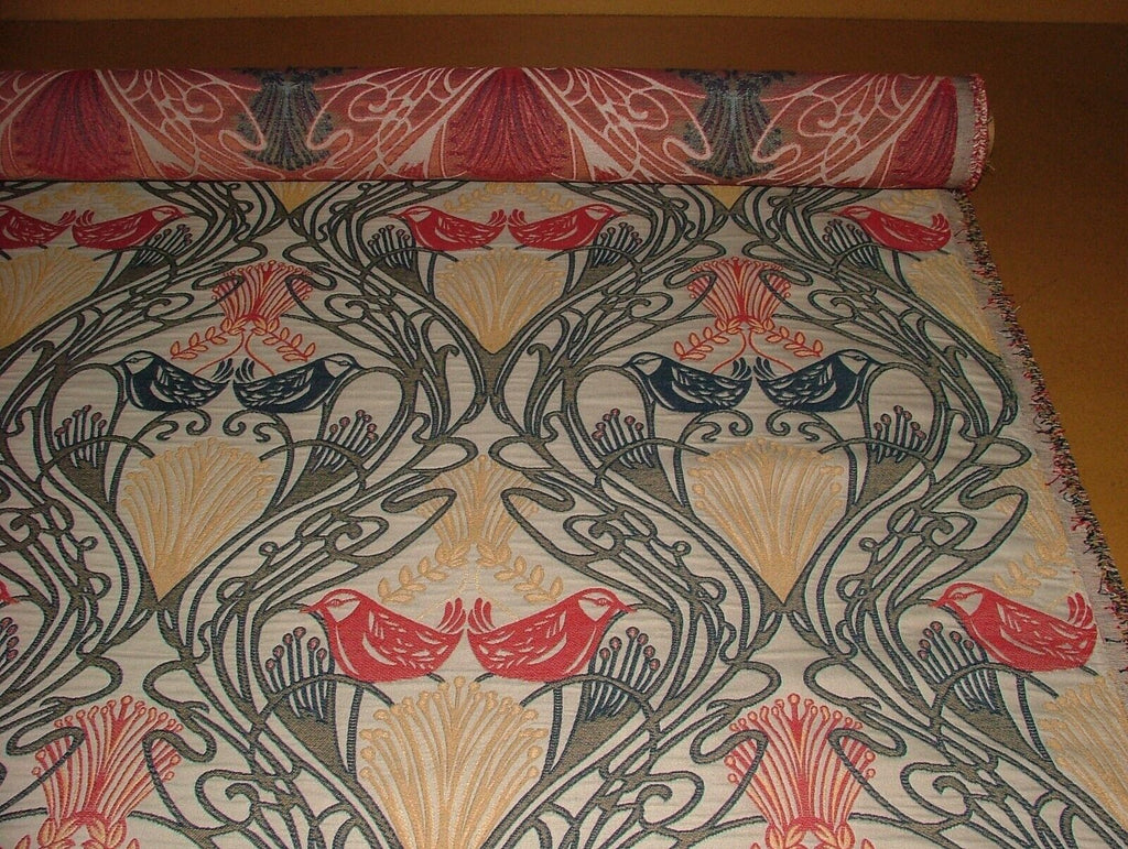 Art Nouveau Bird Red Blue Jacquard Curtain Upholstery Cushion Multi Use Fabric