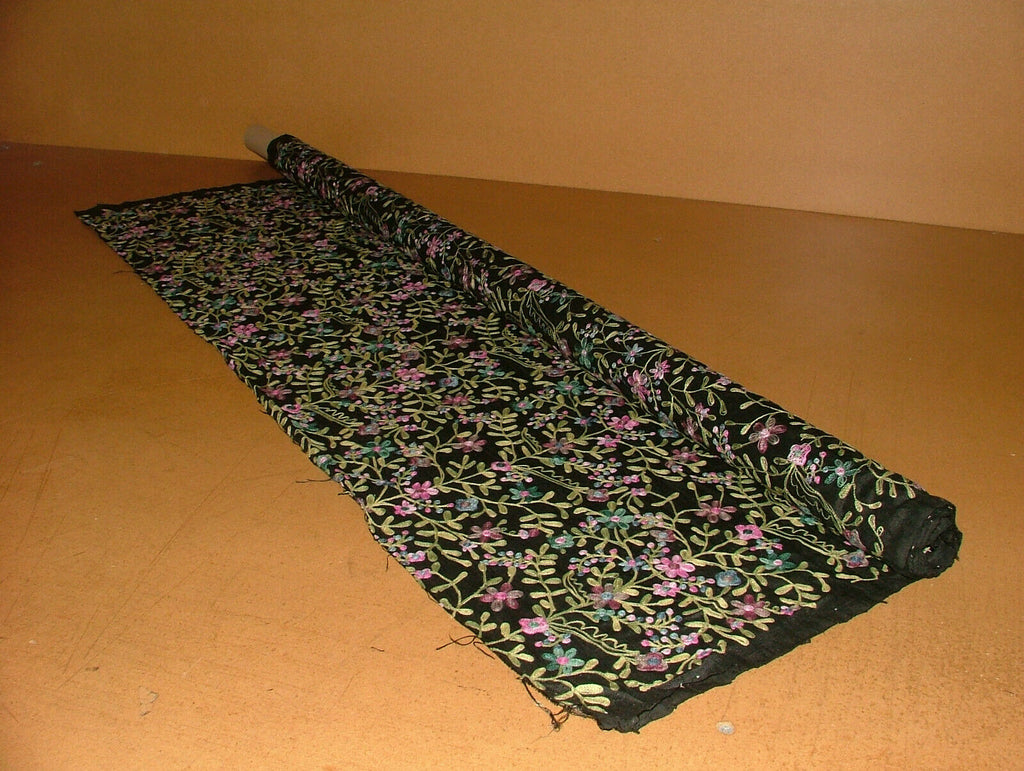 Embroidered Delphinium Black Voyage Decoration Maison 100% Silk Curtain Fabric