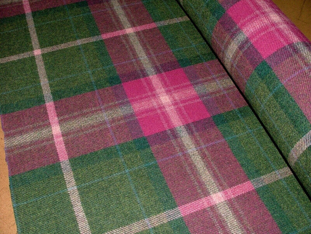 100% Shetland Wool Pink  & Spruce Tartan Check Upholstery Curtain Cushion Fabric